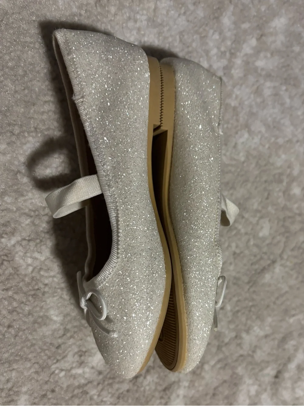 Sparkly White Ivory Mary Jane Ballet Flats w/ Bow Kid Girl Shoe Size 10 LIKE NEW